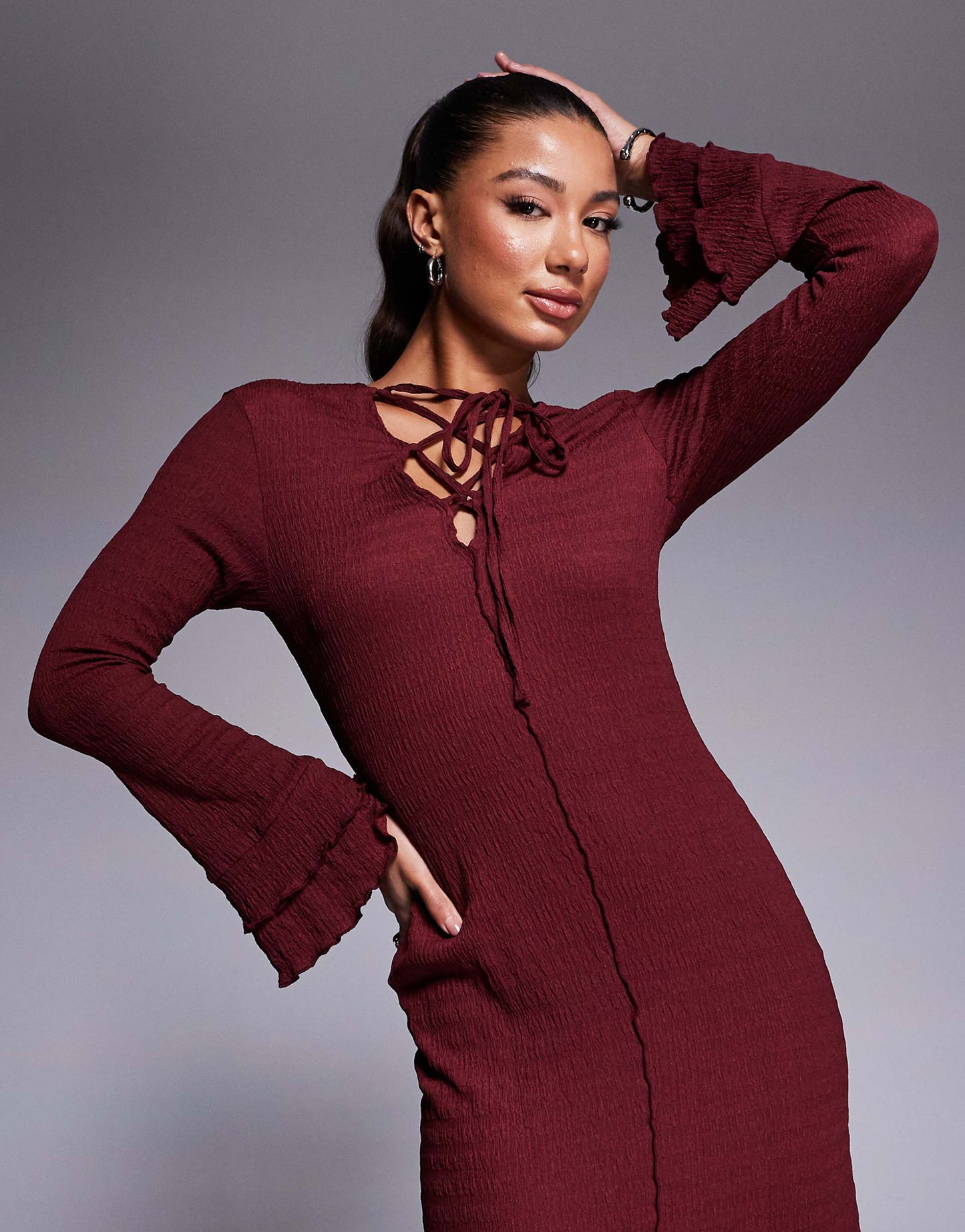 Crinkle Long Sleeve Ruffle Maxi Dress