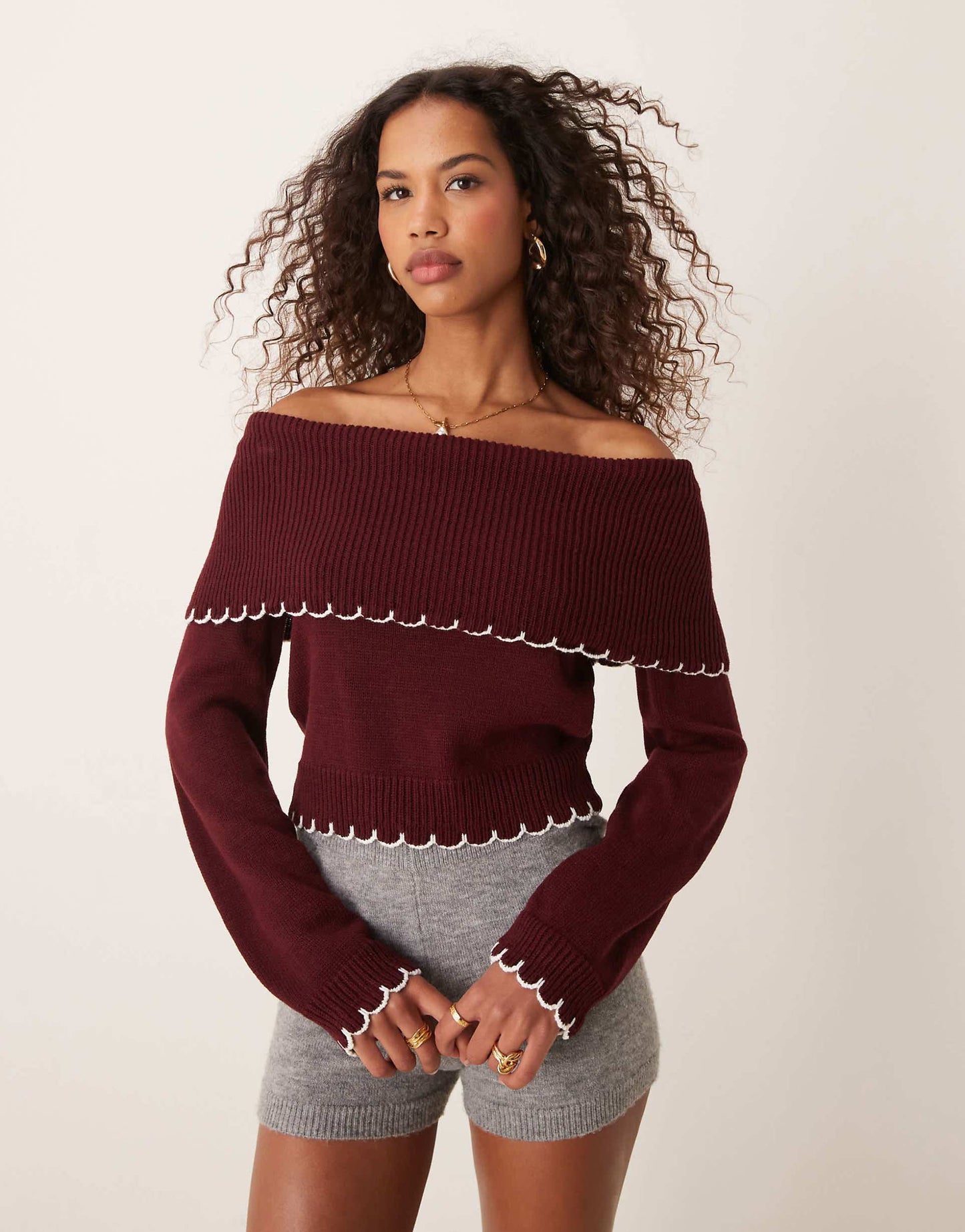 Blanket Stitch Bardot Knitted Top