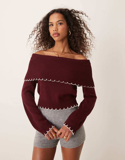 Blanket Stitch Bardot Knitted Top