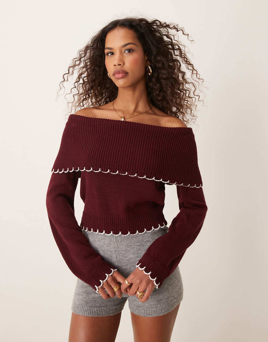 Blanket Stitch Bardot Knitted Top
