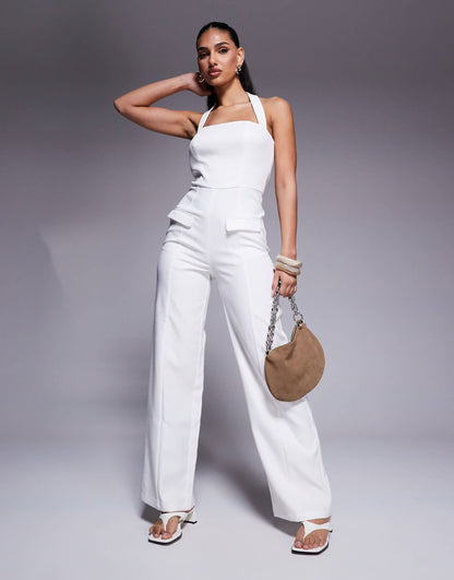 Exclusive Square Halterneck Wide Leg Pocket Detail Jumpsuit