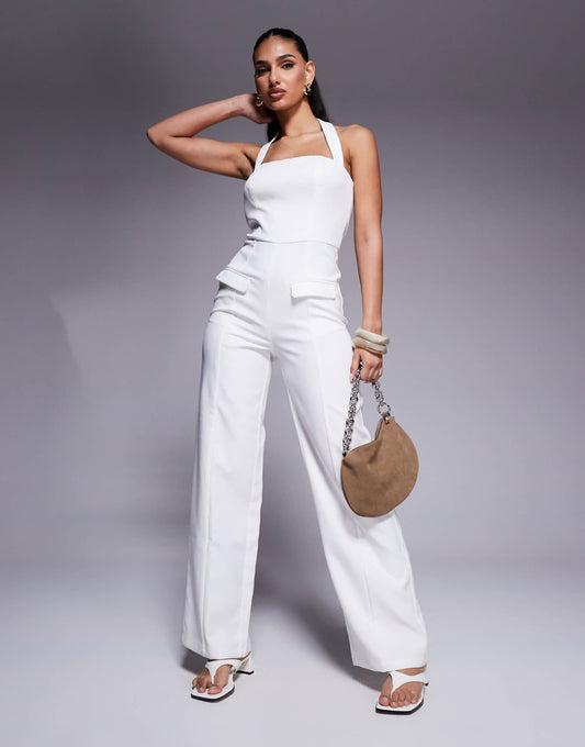 Exclusive Square Halterneck Wide Leg Pocket Detail Jumpsuit
