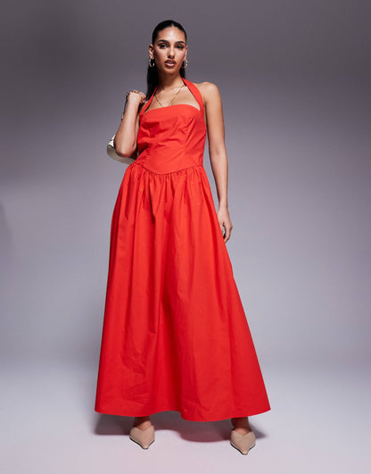 Exclusive Poplin Square Neck Halter Maxi Dress