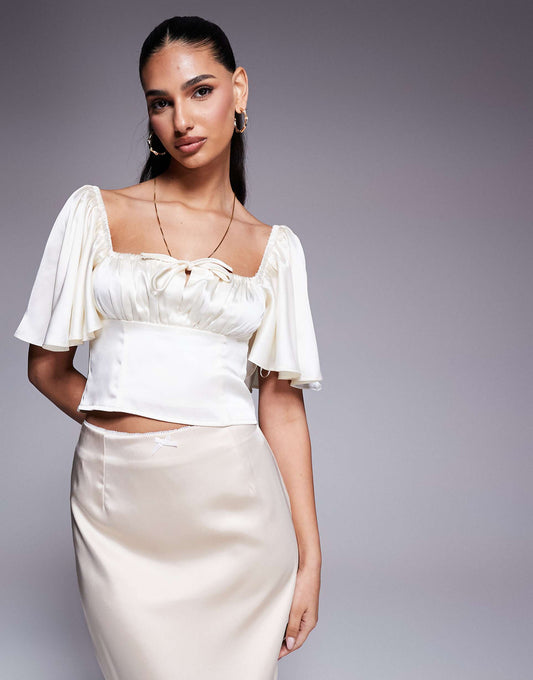 Exclusive Satin Flutter Sleeve Tie Ruched Bust Milkmaid Top