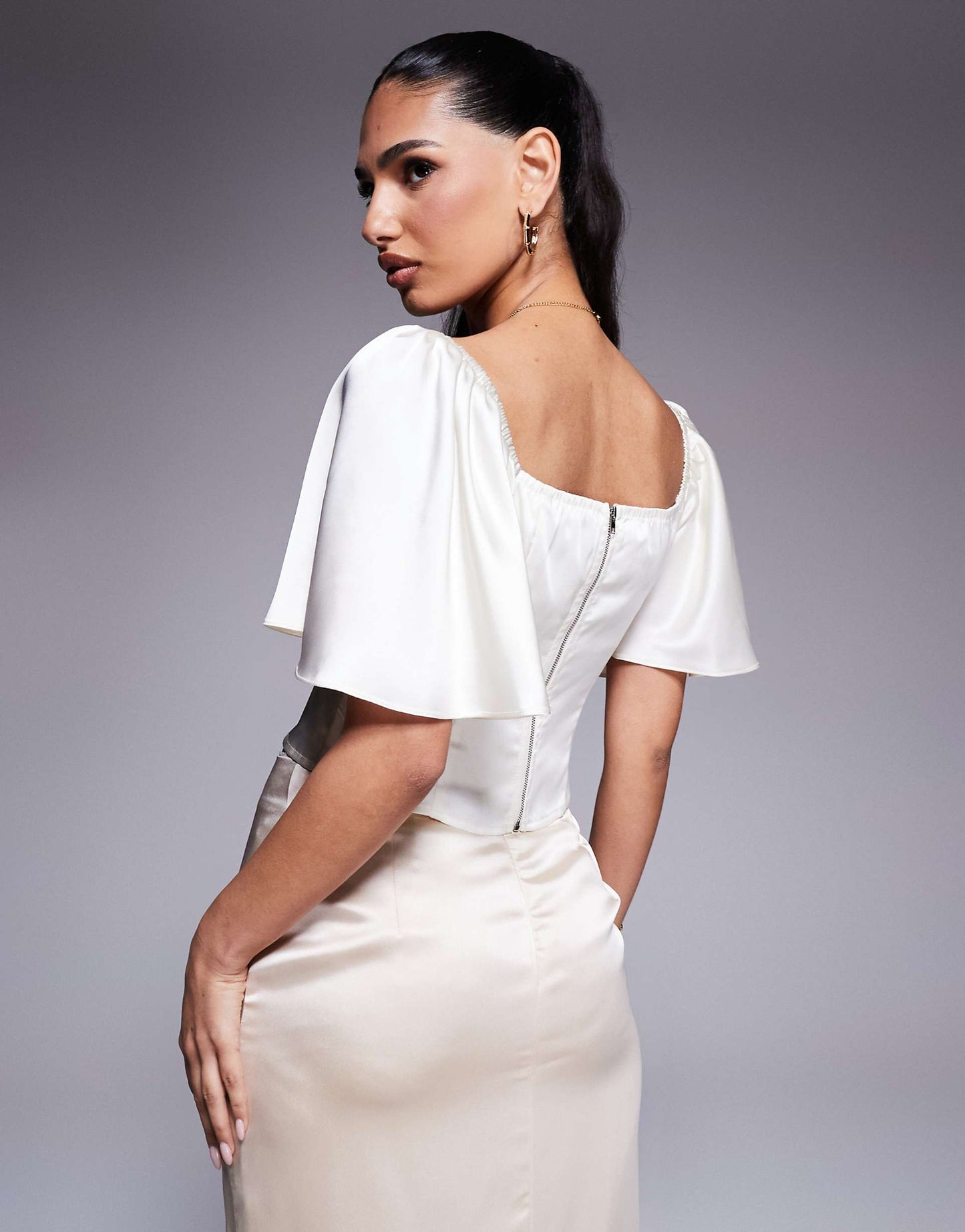 Exclusive Satin Flutter Sleeve Tie Ruched Bust Milkmaid Top