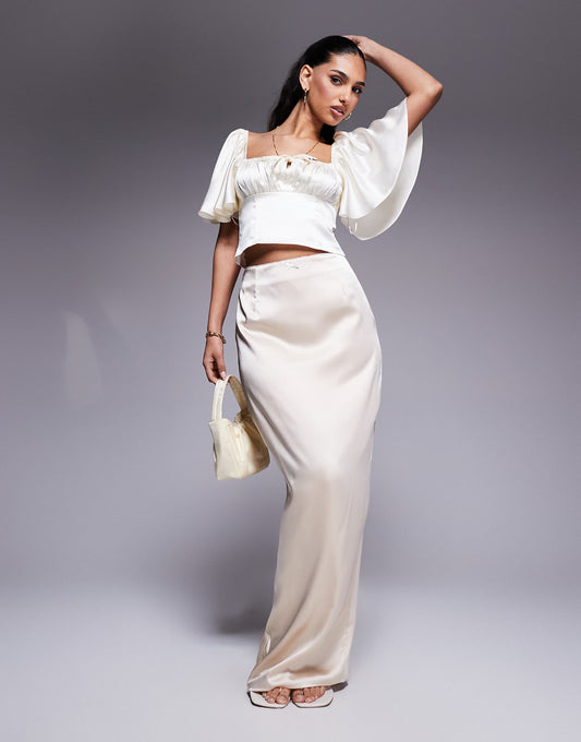 Exclusive Satin Bodycon Bow Trim Detail Maxi Skirt