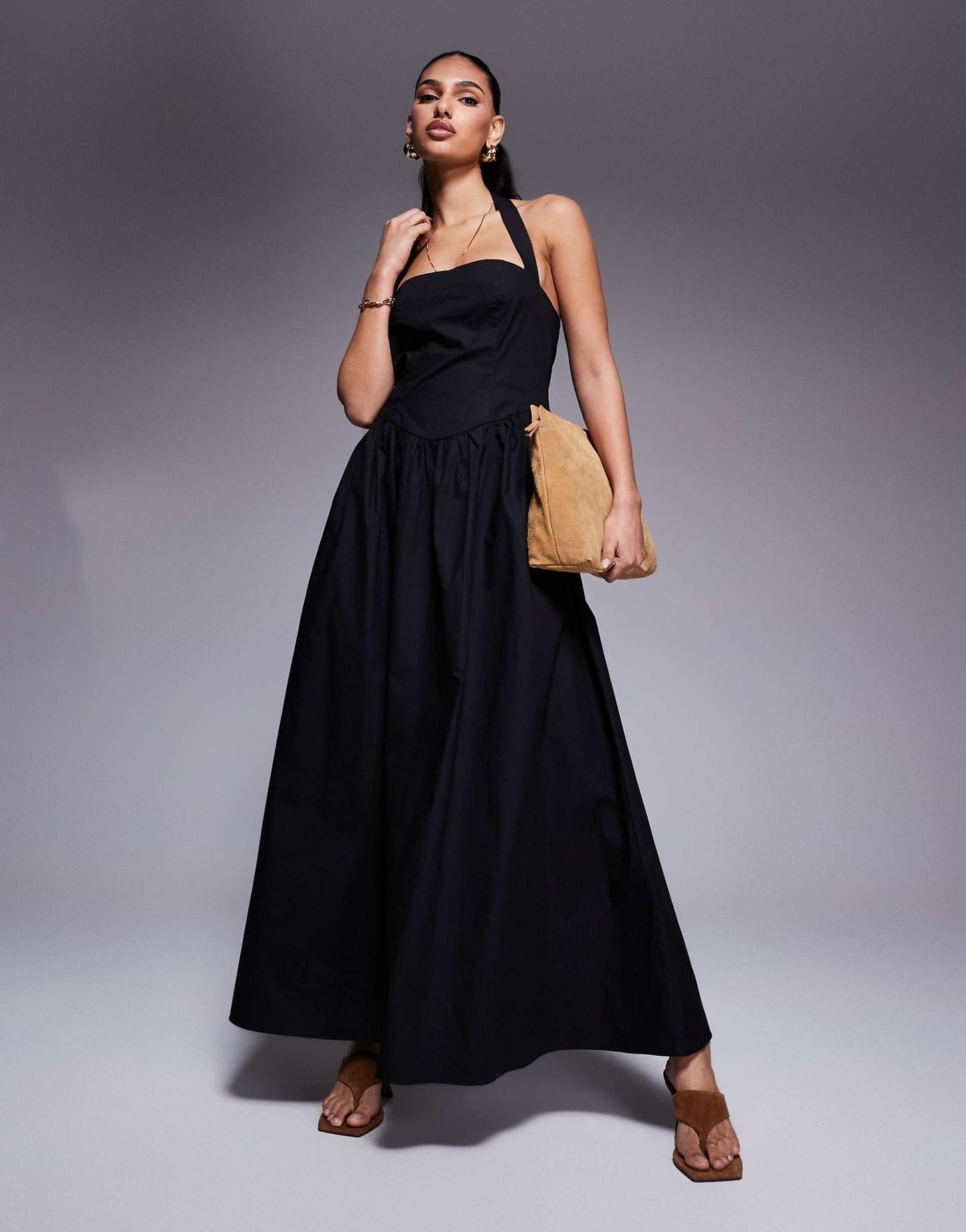 Exclusive Poplin Square Neck Halter Maxi Dress