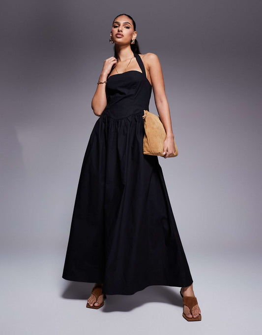 Exclusive Poplin Square Neck Halter Maxi Dress