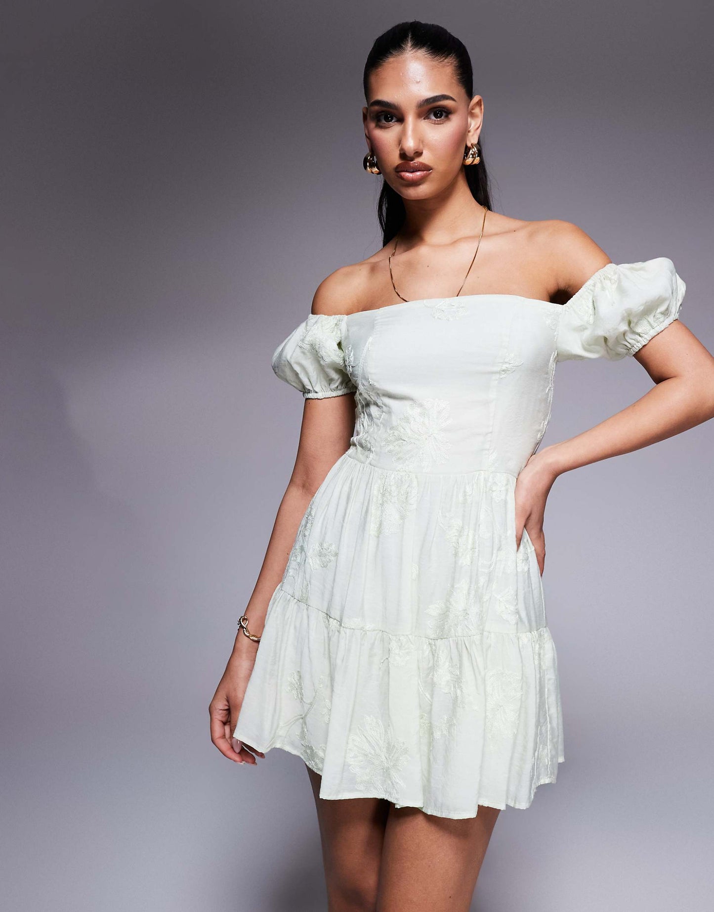 Kaiia Exclusive Embroidered Puff Sleeve Tiered Mini Dress