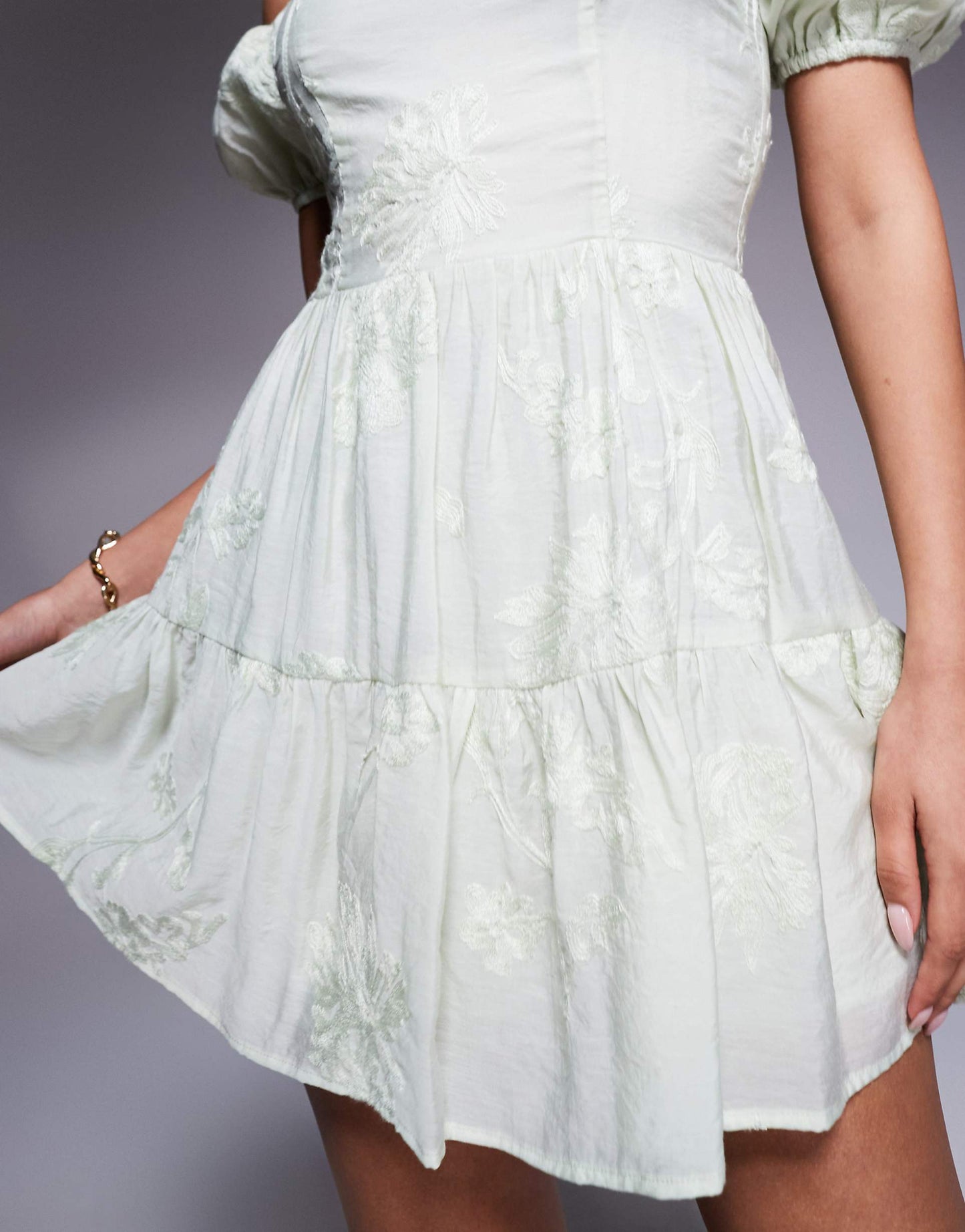 Kaiia Exclusive Embroidered Puff Sleeve Tiered Mini Dress