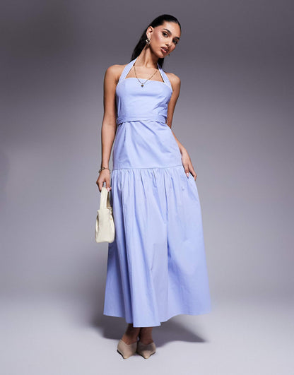 Exclusive Poplin Halterneck Dropped Waist Tie Detail Maxi Dress