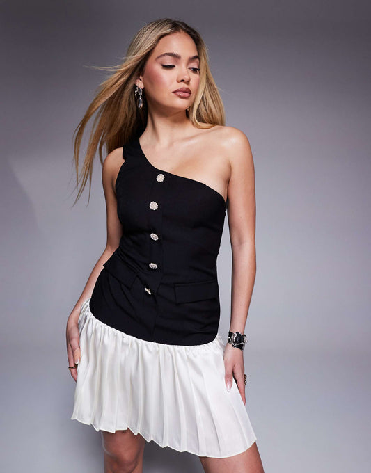 Exclusive Tailored One Shoulder Button Detail Pleated Drop Hem Mini Dress