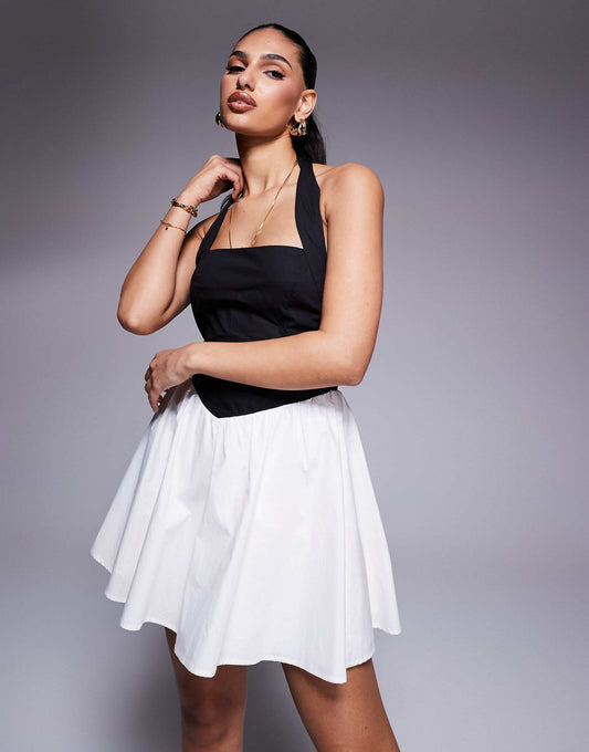 Exclusive Square Halterneck Contrast Skirt Mini Dress