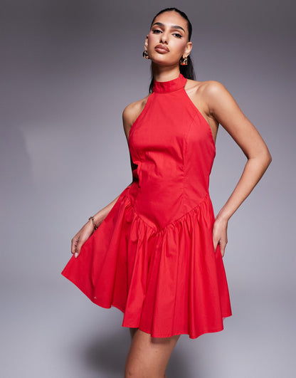 Exclusive Halterneck Low Back Dropped V Waist Mini Dress