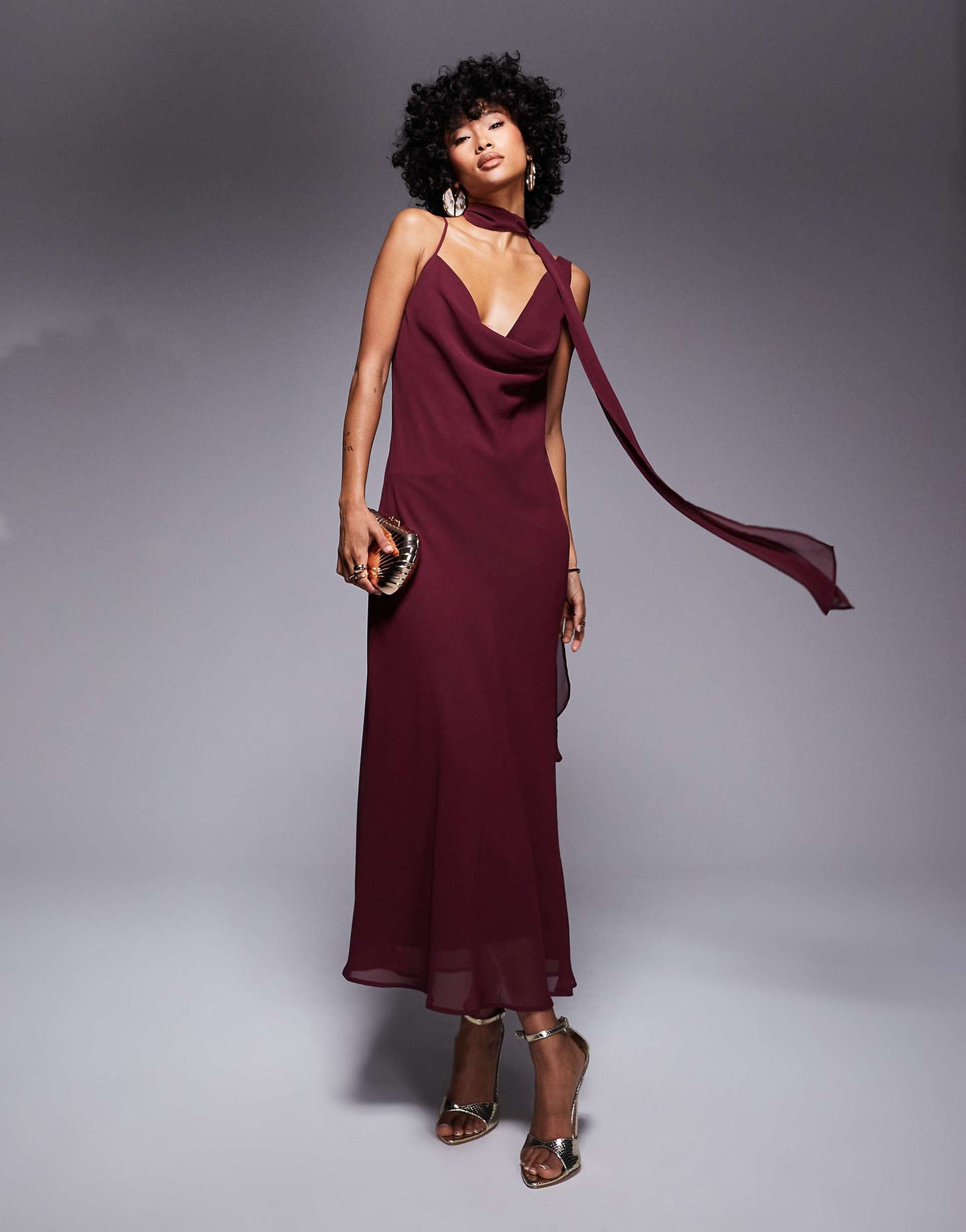 Chiffon Cowl Maxi Dress With Scarf Detail