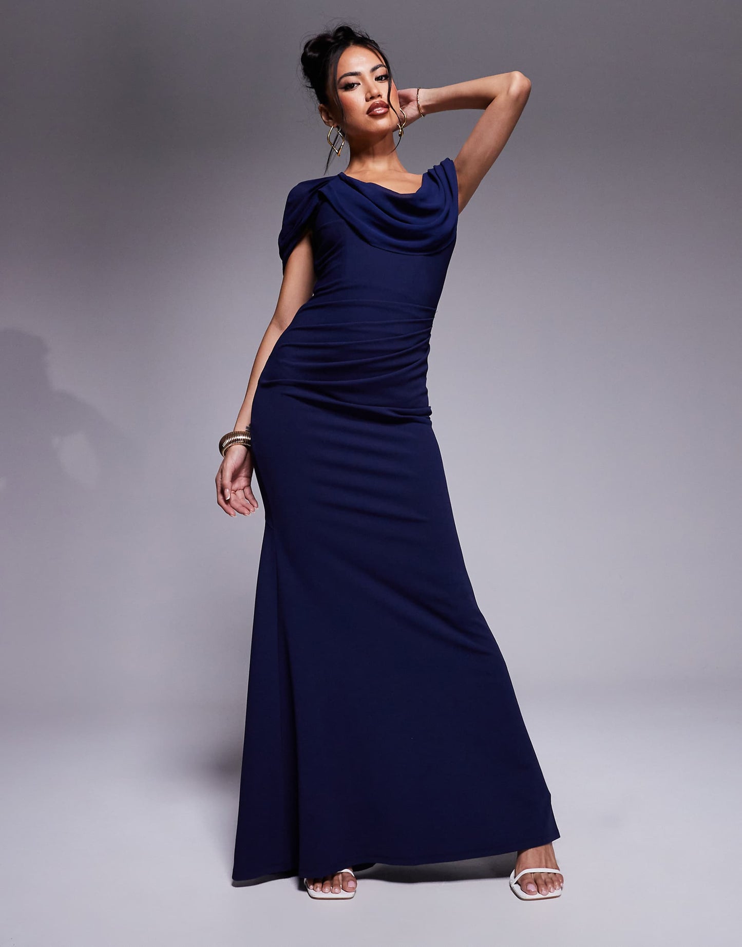 Cowl Neck One Shoulder Scuba & Chiffon Maxi Dress