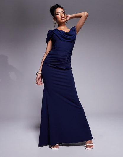 Cowl Neck One Shoulder Scuba & Chiffon Maxi Dress