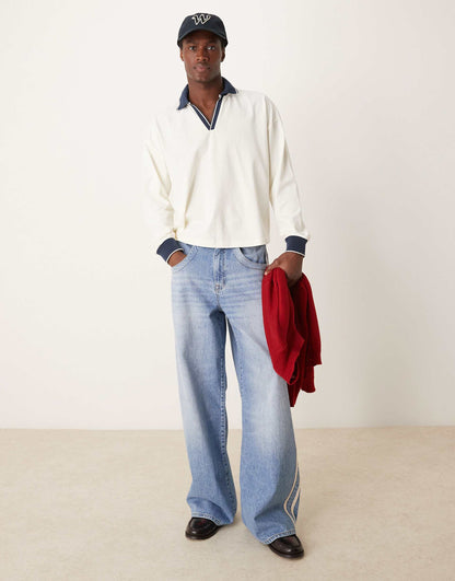 Oversized Boxy Heavyweight Long Sleeve Polo With Contrast Collar 240Gsm