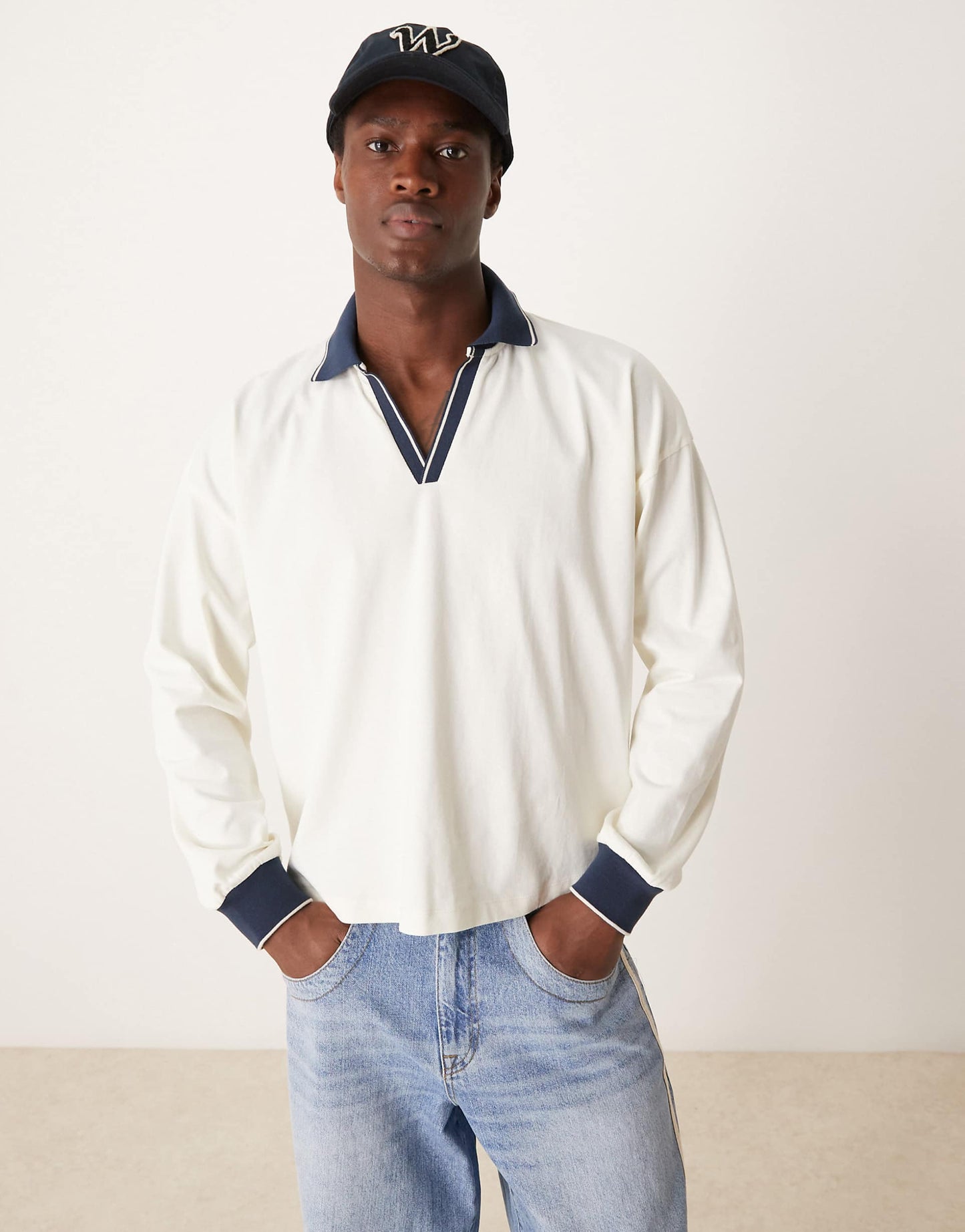 Oversized Boxy Heavyweight Long Sleeve Polo With Contrast Collar 240Gsm