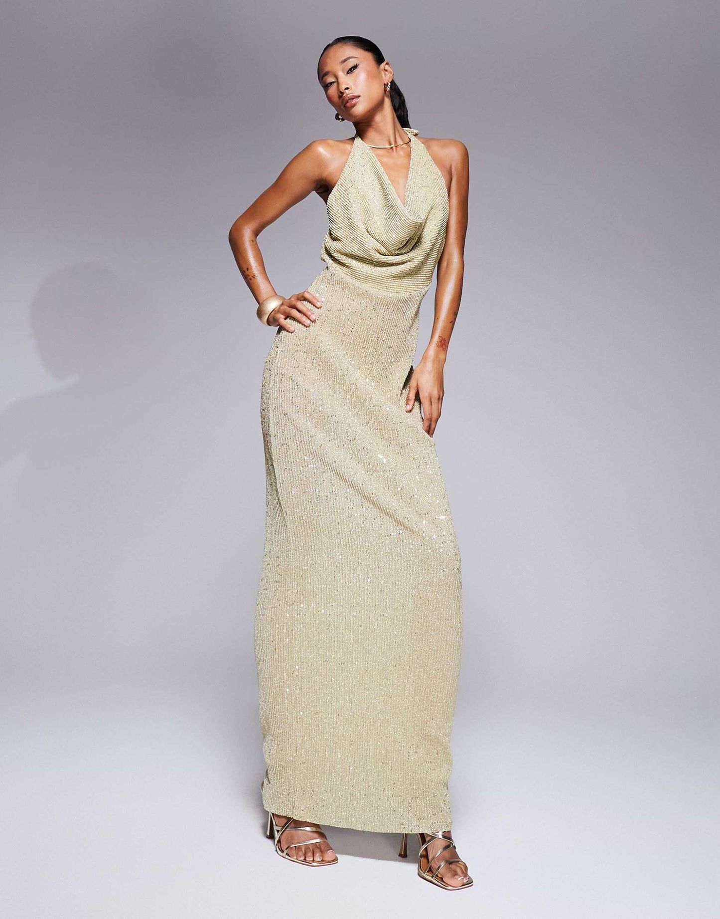 Sequin Cowl Maxi Dress With Cross Back