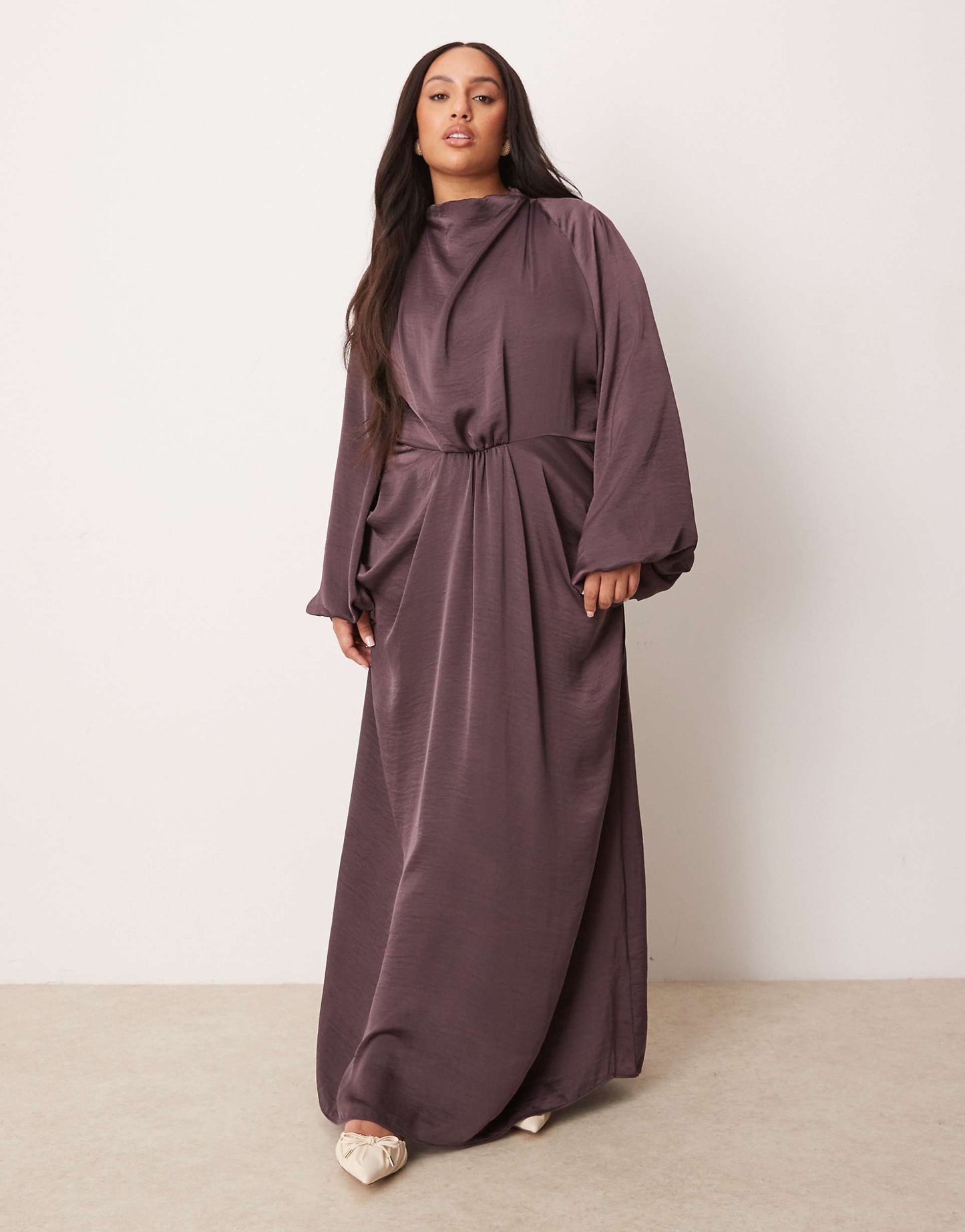 Curve Draped Blouson Sleeve Satin Maxi Dress