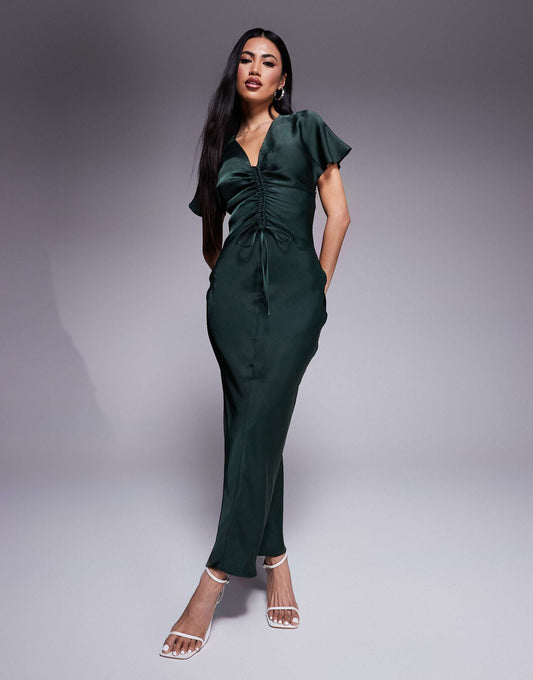 Satin Ruched Front Detail Midaxi Dress