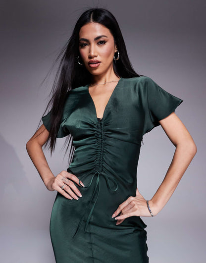 Satin Ruched Front Detail Midaxi Dress