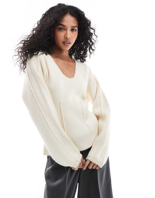 Sculpted V Neck Jumper With Seam Detail