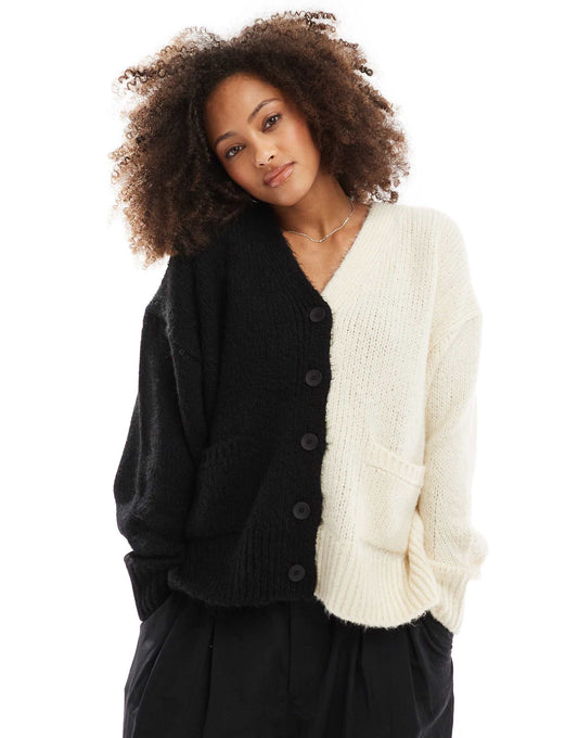 Colour Block V Neck Cardigan With Pocket Detail