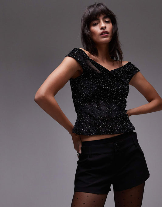 Off Shoulder Velvet Hotfix Top