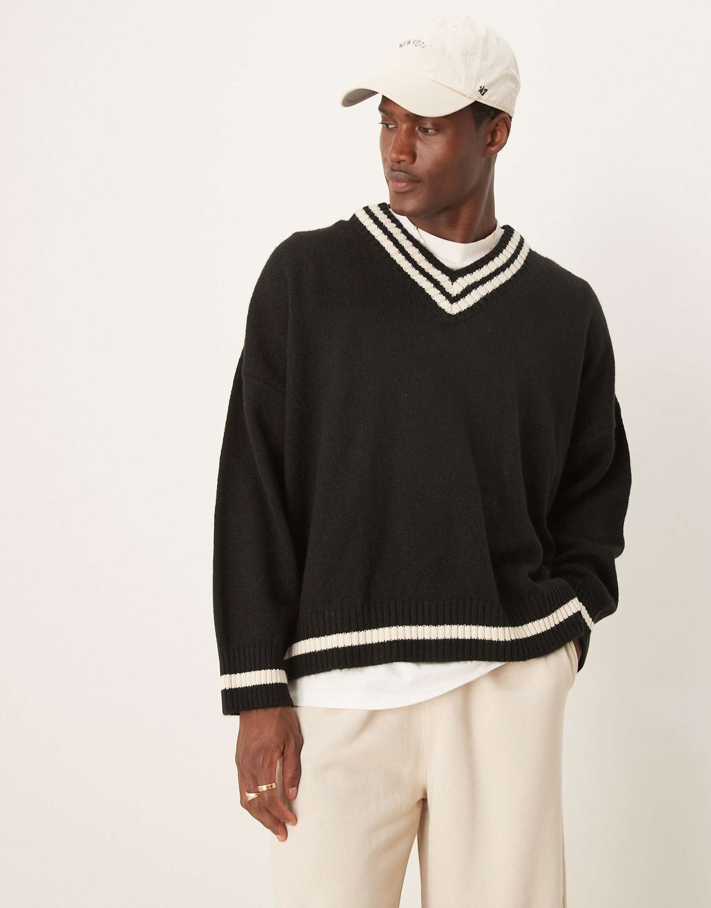 Super Oversized Boxy Fit Knitted V Neck Jumper With Tipping
