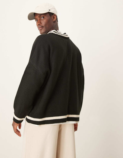Super Oversized Boxy Fit Knitted V Neck Jumper With Tipping