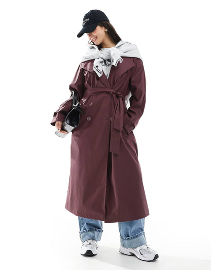 Rubberised Rain Hooded Trench Coat With Belt Detail