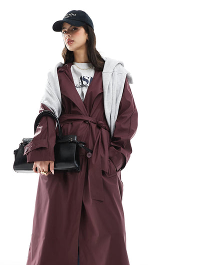 Rubberised Rain Hooded Trench Coat With Belt Detail
