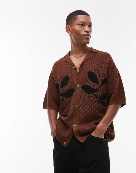 Relaxed Floral Applique Revere Knitted Shirt