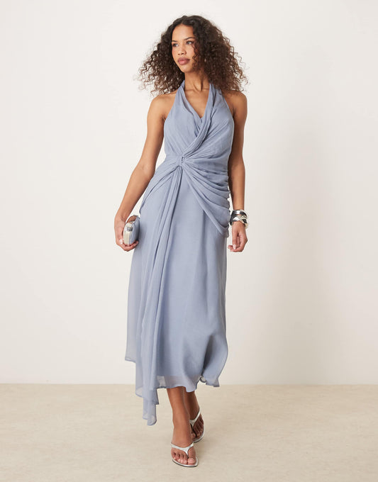 Halter Plunge Midi Dress With Drape Detail