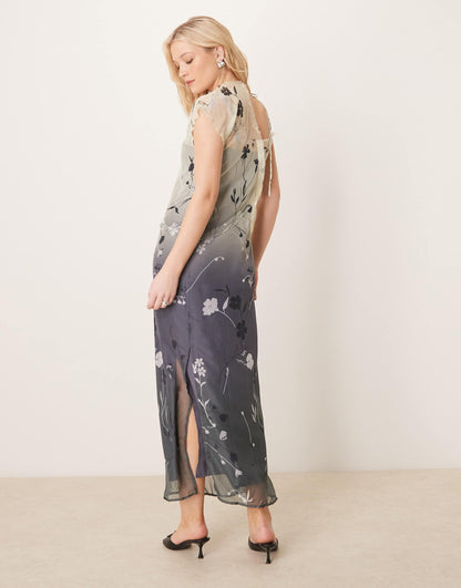 Asymmetric Tie Neck Raw Edge Sheer Midi Dress