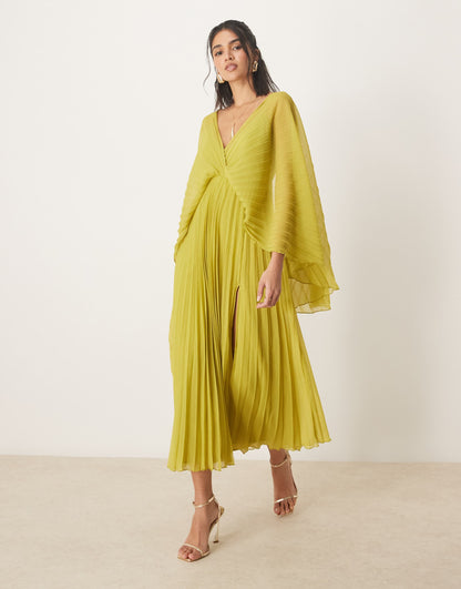 Cape Detail Pleated Maxi Dress