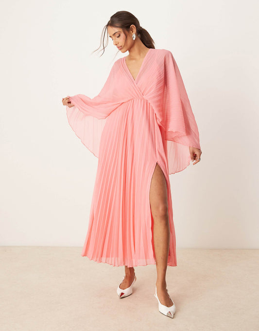 Cape Detail Pleated Maxi Dress