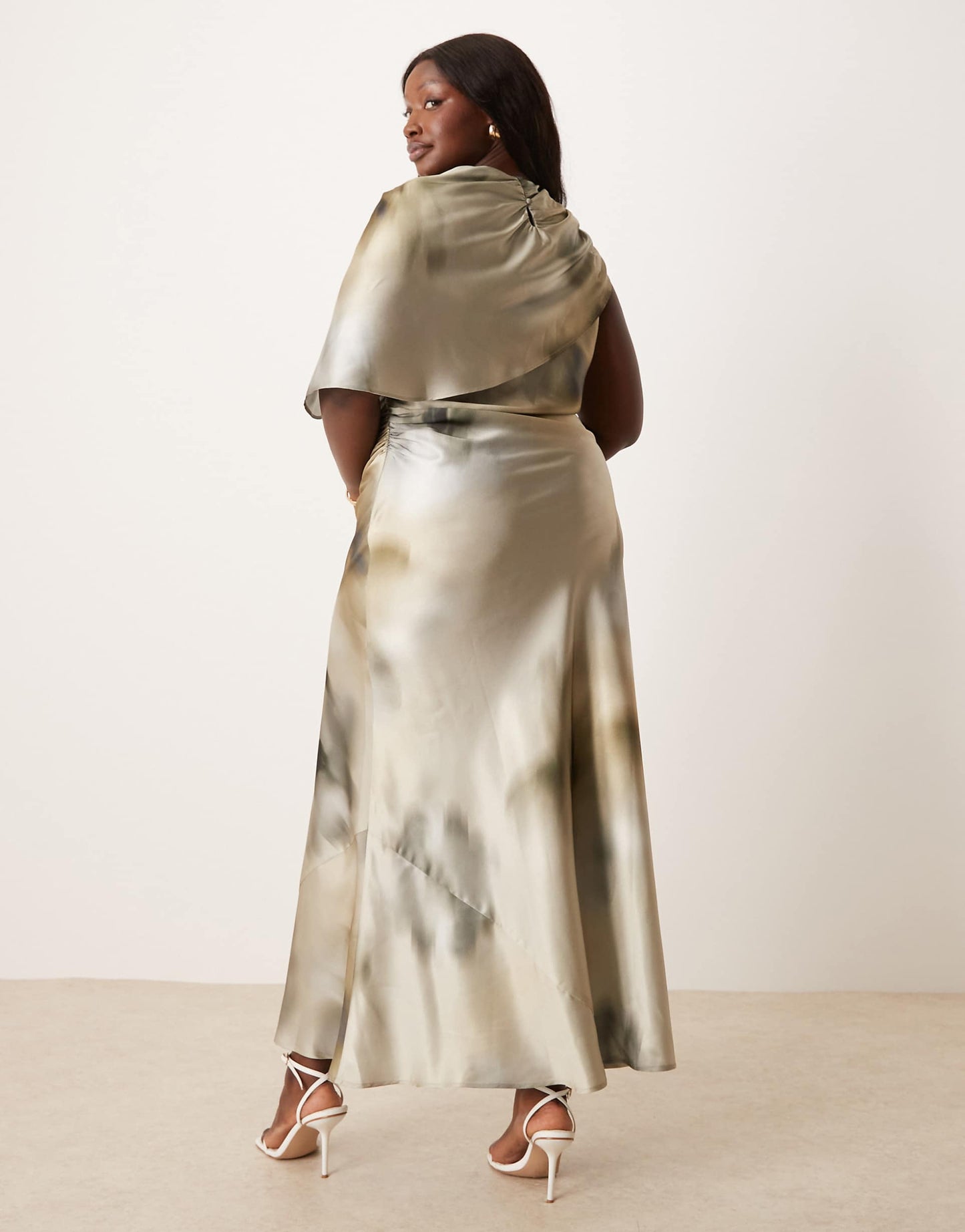 Curve Satin Maxi Dress Slashed Neck Cape Detail