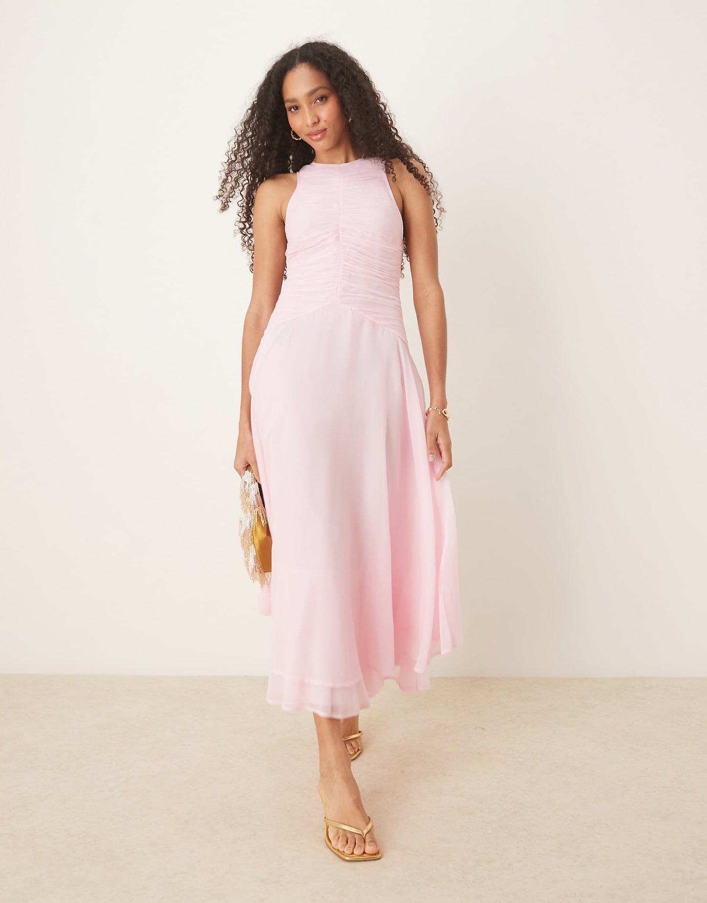 Racer Neck Ruched Bodice Dropped Waist Maxi Dress