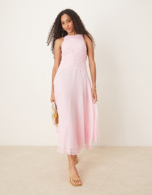 Racer Neck Ruched Bodice Dropped Waist Maxi Dress