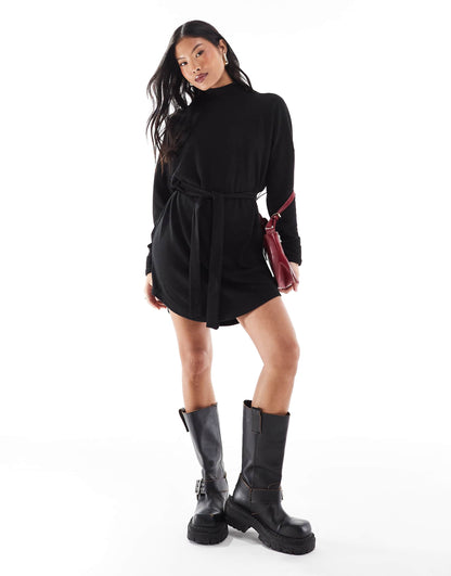 Petite Tie Waist High Neck Knitted Mini Jumper Dress