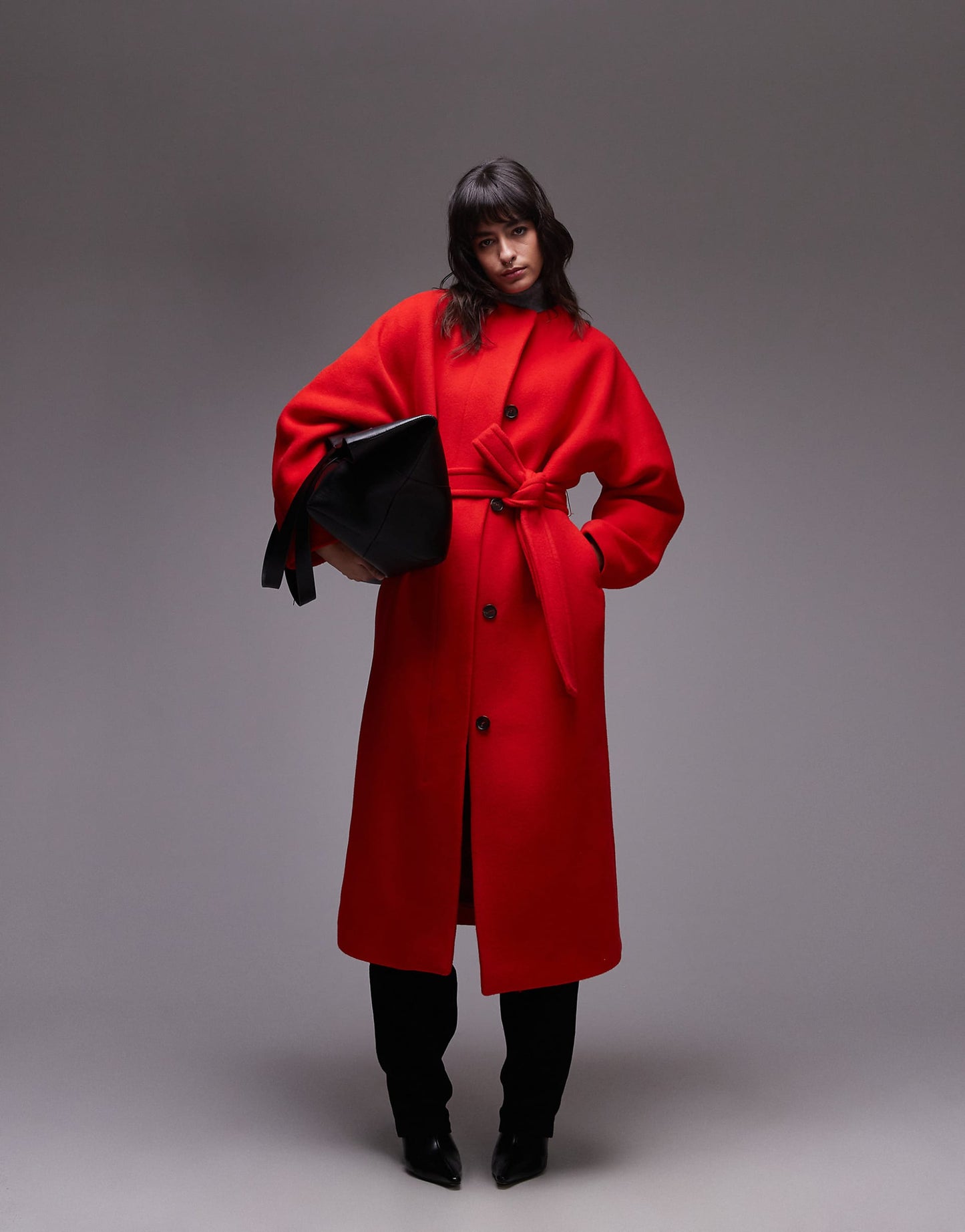 Wool Belted Midaxi Coat With Sculptural Sleeves