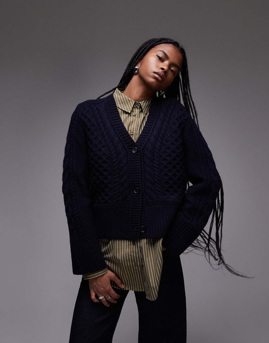 Cable Knit Cardigan With Button Front V-Neck