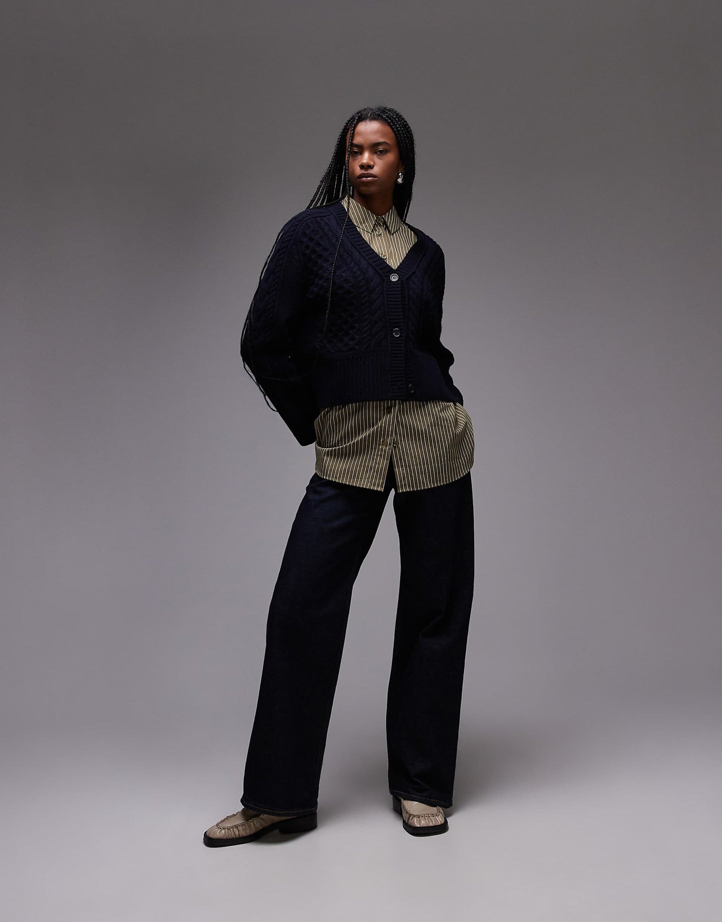 Cable Knit Cardigan With Button Front V-Neck