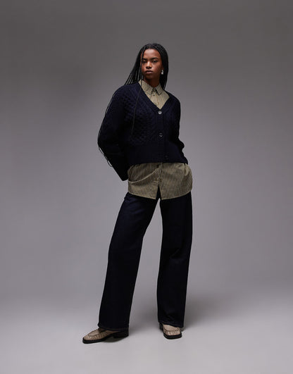 Cable Knit Cardigan With Button Front V-Neck