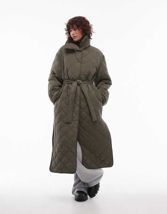 Down Quilted Oversized Midaxi Coat With High Neck And Split Sides