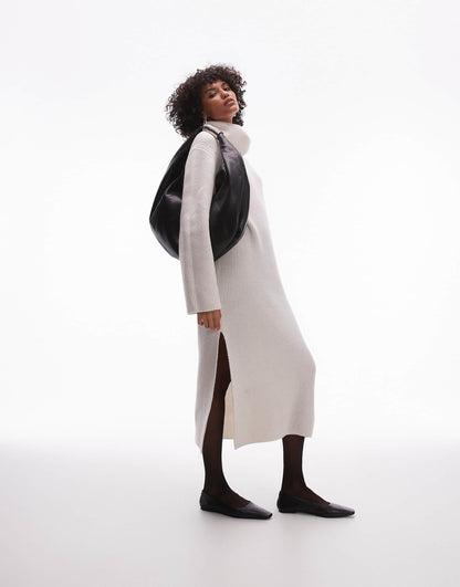 Wool Knitted Midaxi Dress With Cowl Funnel Neck