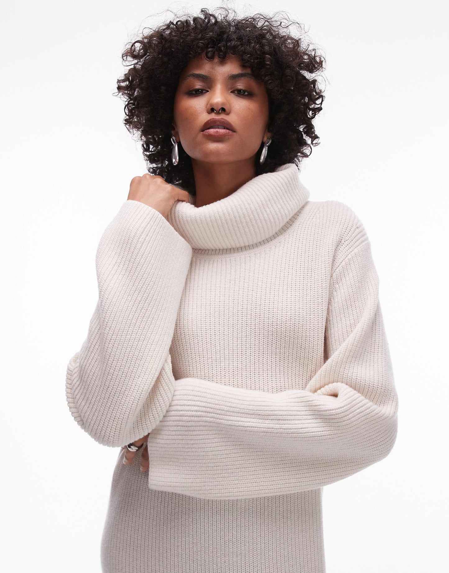 Wool Knitted Midaxi Dress With Cowl Funnel Neck